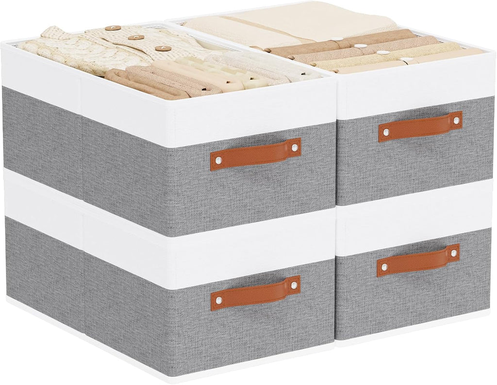 Storage Basket for Shelves, Closet Bin with Handles, 18.5×11×7.9inch Open Foldable Baskets, Fabric Containers Clothes Boxes for Organizing, White and Grey, 4-Pack