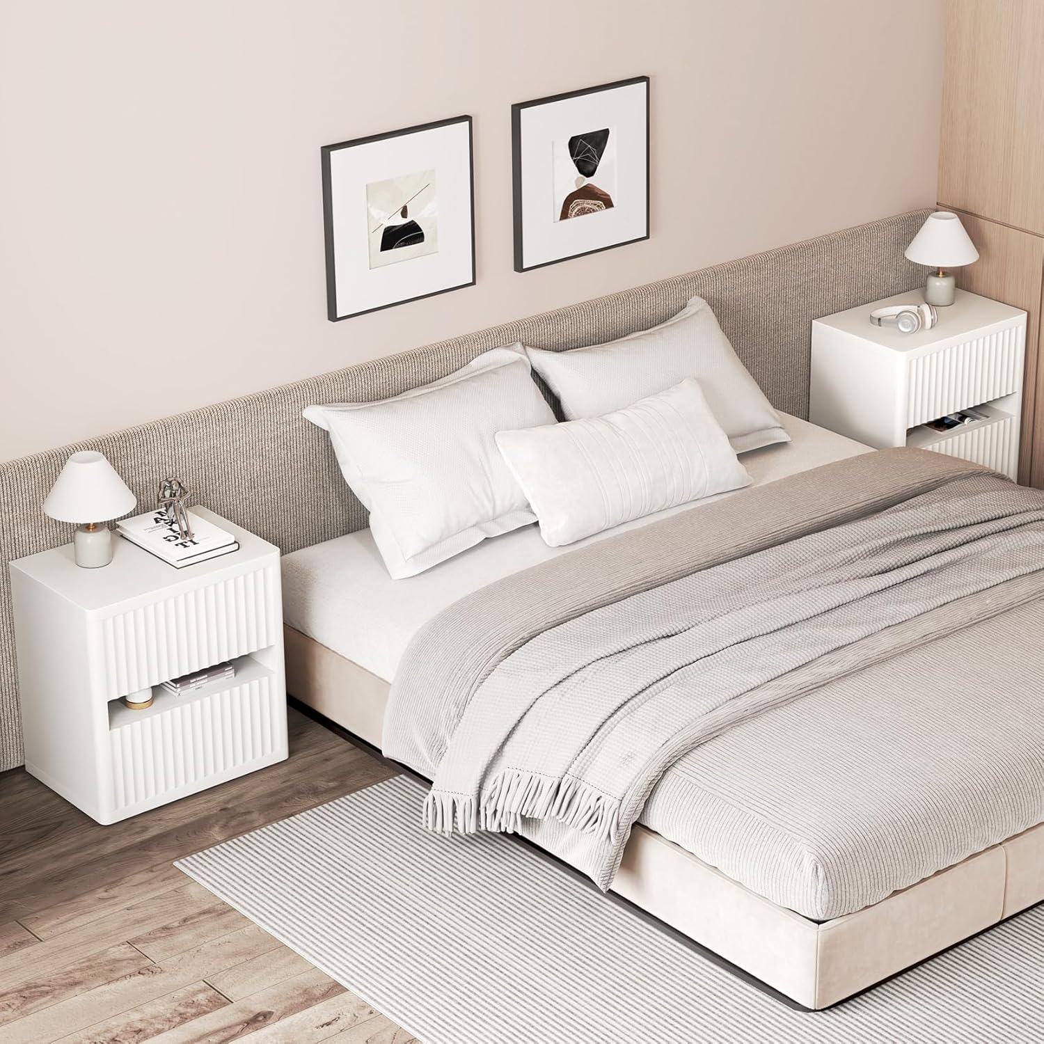 Dripex Fluted Nightstand with 2 Drawers, Large Wide Wood Night Stand Bedside Tables for Bedroom, Mid-Century Modern Storage Bed Side Table, End Tables for Living Room Sofa Couch, White, Set of 1