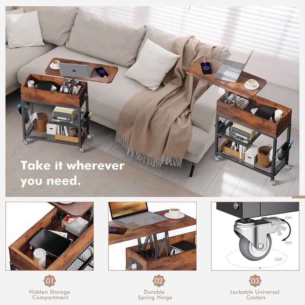 Colima Lift-Top Side Table with Charging Station - Mobile End Table with USB ...