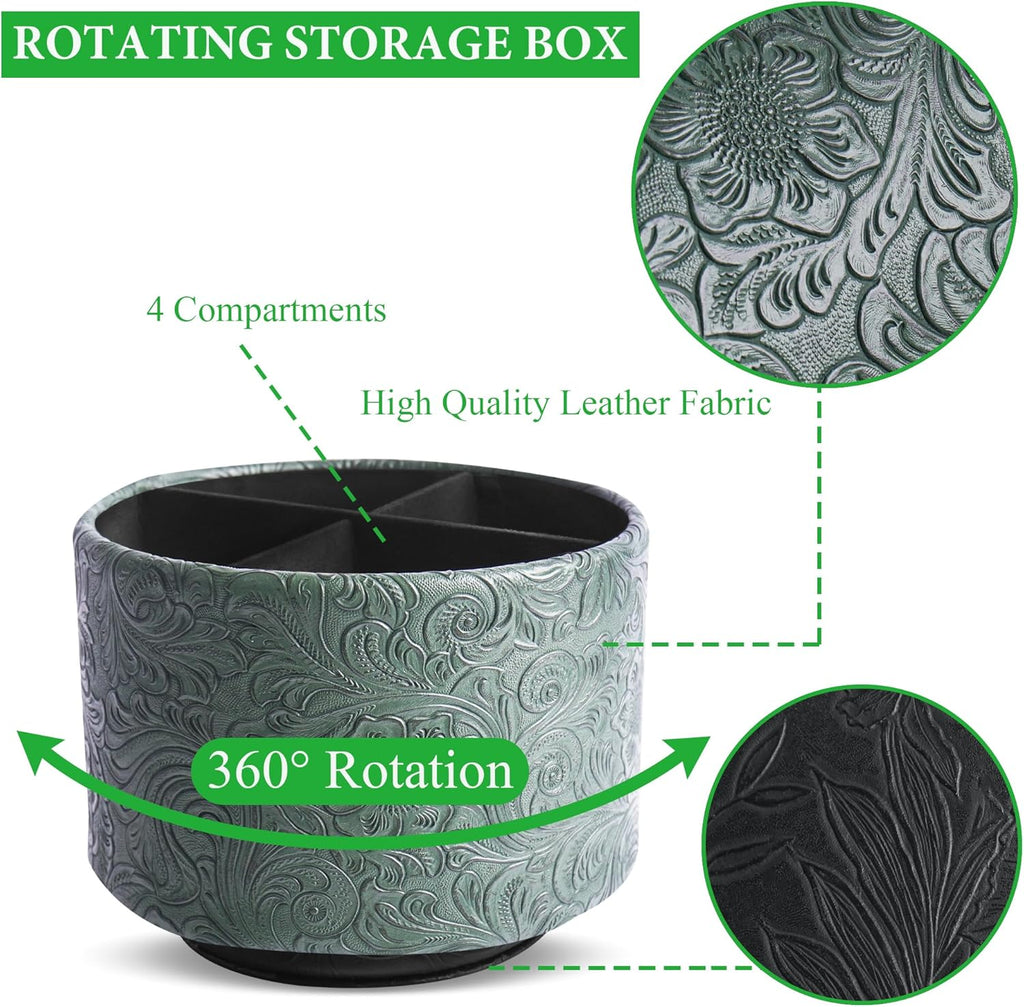 lizimandu Round Leather Art Supply Organizer,Remote Control Holder,360 Degree Spinning,Multi-Functional Pencil Holder,4 Compartments Desktop Stationary Organizer(1-Carved Cooper Green)