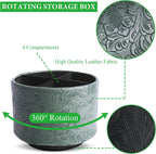 lizimandu Round Leather Art Supply Organizer,Remote Control Holder,360 Degree Spinning,Multi-Functional Pencil Holder,4 Compartments Desktop Stationary Organizer(1-Carved Cooper Green)