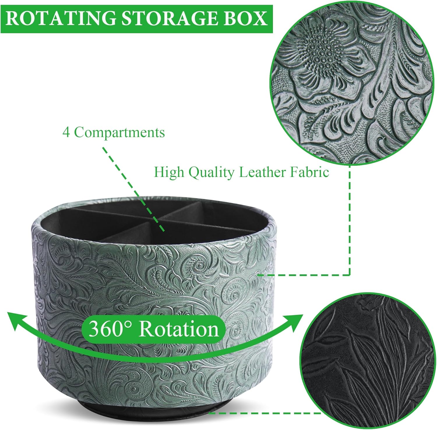 lizimandu Round Leather Art Supply Organizer,Remote Control Holder,360 Degree Spinning,Multi-Functional Pencil Holder,4 Compartments Desktop Stationary Organizer(1-Carved Cooper Green)