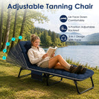 Suteck Tanning Chair with Face Hole, Folding Beach Lounge Chairs, Blue | Adjustable 5-Position Reclining Chaise, Removable Cushion & Pillow, Cooler Bag, 500Lbs Heavy-Duty for Outdoor Camping& Home