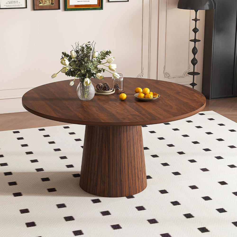 Round Dining Room Table, Farmhouse Kitchen Table with Wood Strip Base, 47.2“ ...