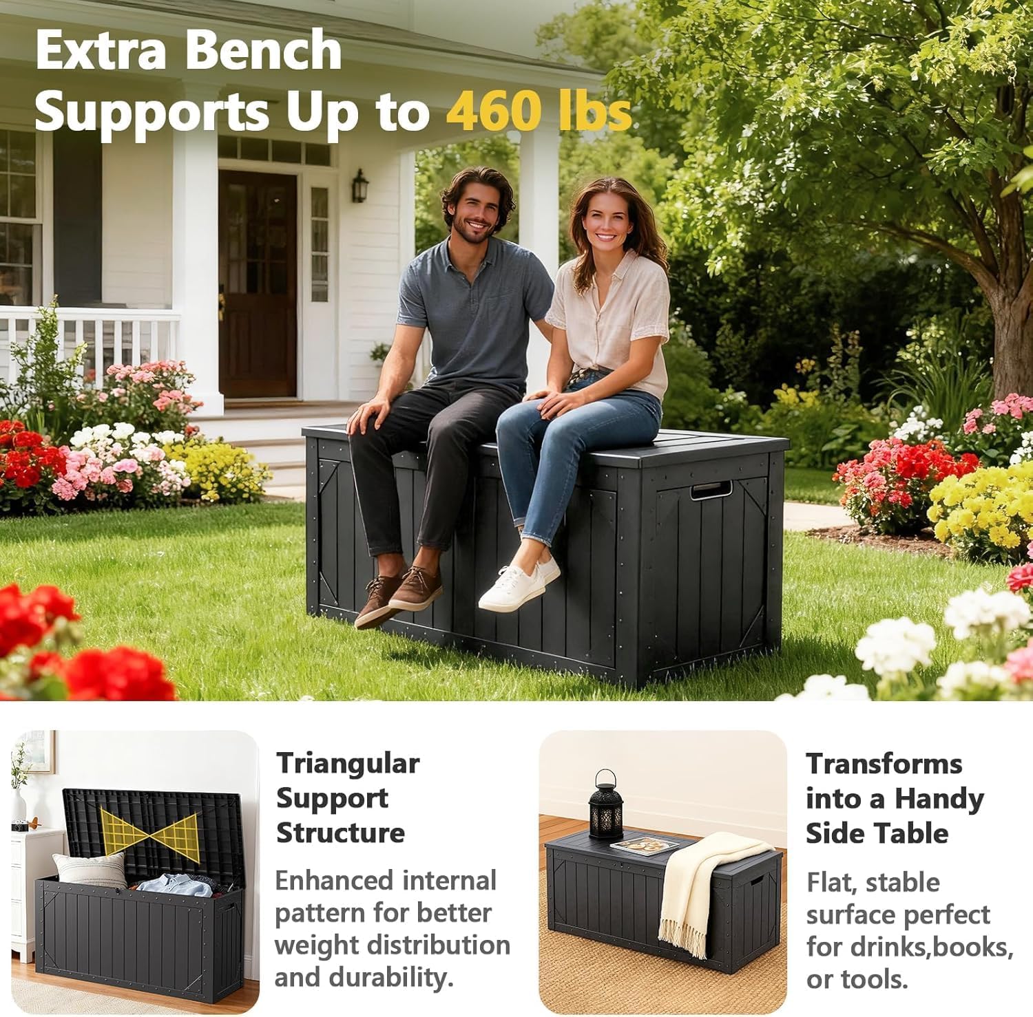 100 Gallon Outdoor Storage Box, Weatherproof Deck Box for Patio Cushions, Throw Pillows, Garden Tools, Lockable Resin Large Outdoor Storage Bench for Yard, Porch, or Balcony