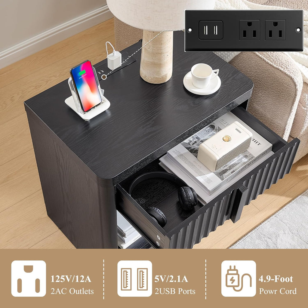 Fluted Nightstand Set of 2 with Charging Station, 23.6" End Table with Open Shelf and Drawers Storage, Bedside Table with Solid Wood Handle, Curved Profile Design, Night Stand for Bedroom