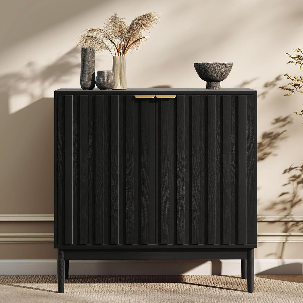 Fluted Cabinet with Storage, Buffet Cabinet Sideboard with 2 Doors, Black Buf...