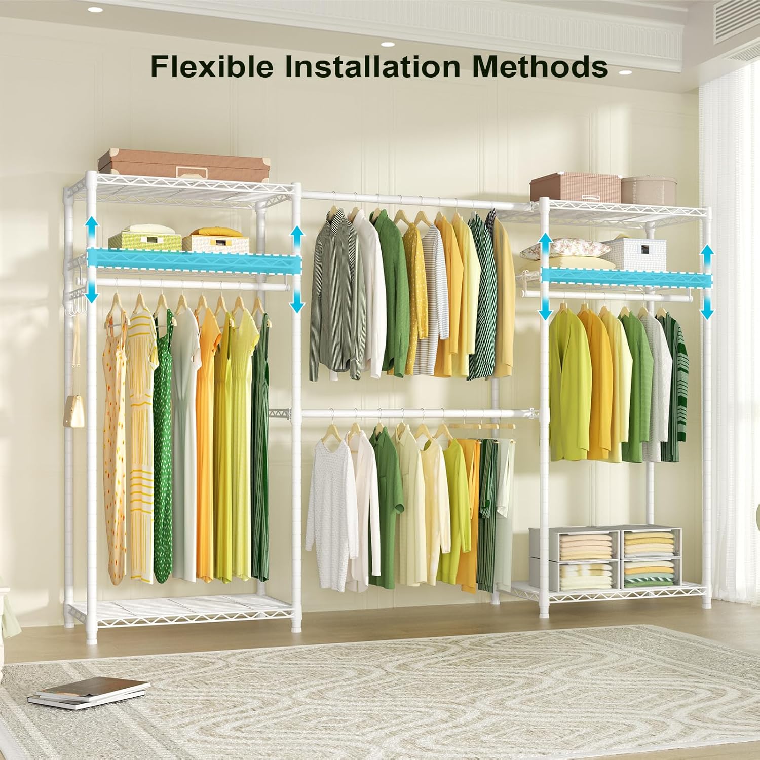 Ulif E1 Heavy Duty Closet Garment Rack, 6 Tiers Adjustable Metal Freestanding Expandable Clothing Storage with 4 Hanger Rods, Easy to Assemble Wardrobe, 71.4" H x (70" - 88.2") L x 14" D, White