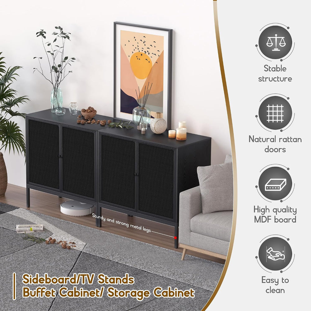 XIAO WEI Farmhouse Boho Sideboard Buffet Cabinet with Black Rattan Doors, 31....
