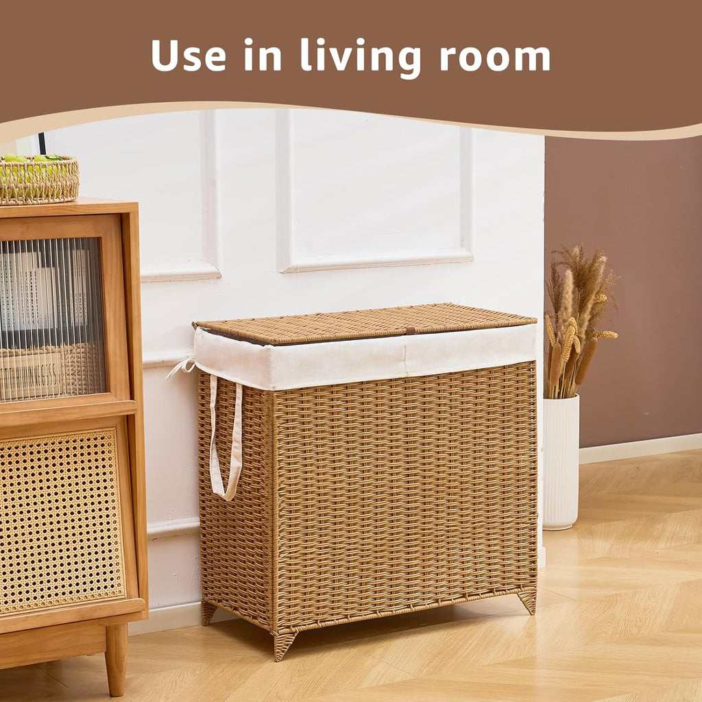 Laundry Hamper with Lid and Removable Liner Bag, Handwoven Rattan Clothes Hamper with Heightened Feet, Wicker Laundry Basket for Clothes and Towels，Large, 2-sections