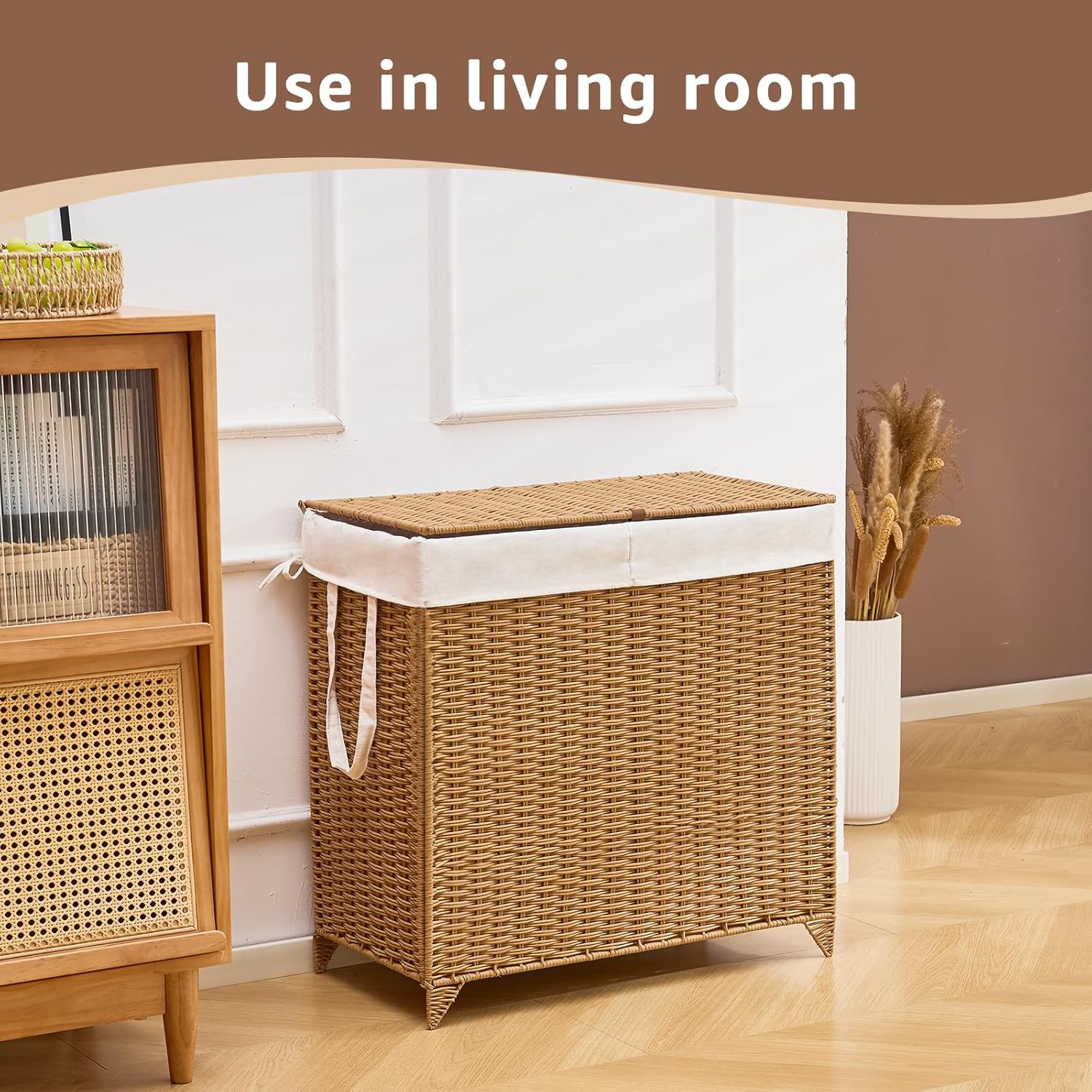 Laundry Hamper with Lid and Removable Liner Bag, Handwoven Rattan Clothes Hamper with Heightened Feet, Wicker Laundry Basket for Clothes and Towels，Large, 2-sections