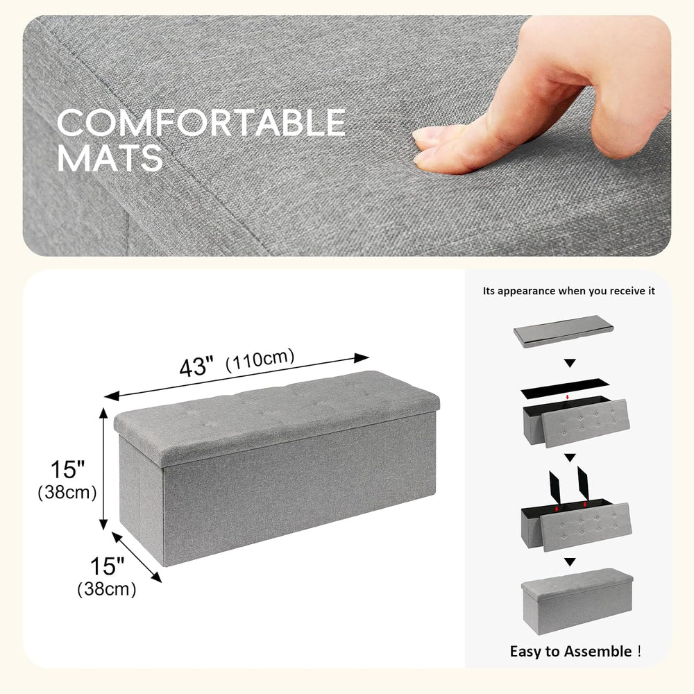 PINPLUS Folding Storage Ottoman Bench, Grey Linen | Linen Storage Chest with ...