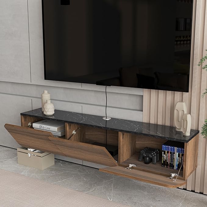 Atelier Mobili Floating TV Stand Wall Mounted - Modern Media Console for 65-80 inch TVs Walnut/Black Marble