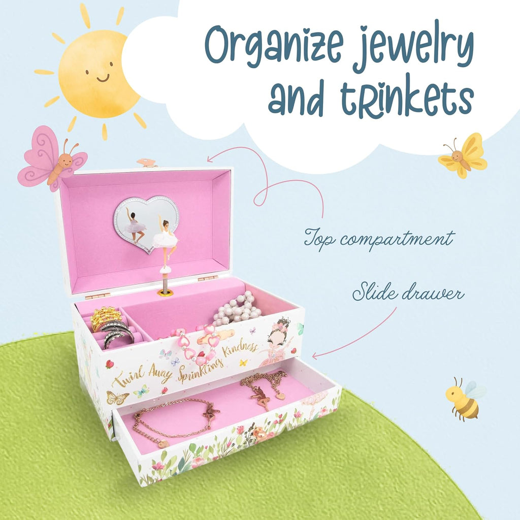 The Memory Building Co Ballerina Musical Jewelry Box Plays Classic Melody, Storage Organizer Music Box for Kids Ages 6-12, MDF Wood w/ 2 Fabric Lined Ring Bracelet Necklace Treasure Compartments
