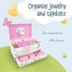 The Memory Building Co Ballerina Musical Jewelry Box Plays Classic Melody, Storage Organizer Music Box for Kids Ages 6-12, MDF Wood w/ 2 Fabric Lined Ring Bracelet Necklace Treasure Compartments