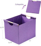 HOONEX Large Foldable Storage Bins, Linen Fabric, Pack of 2, Storage Baskets with Wooden Carry Handles and Sturdy Heavy Cardboard, for Home, Office, Car, Nursery, Purple