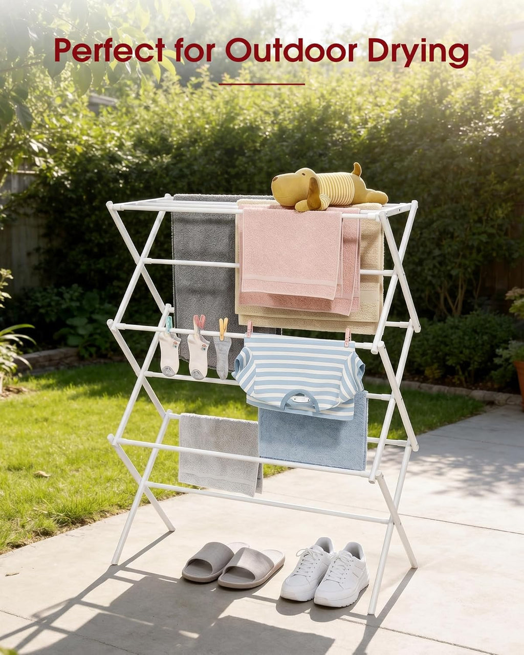 Sakugi Foldable Clothes Drying Rack – Metal Laundry Drying Rack with Non-Slip Feet, 3-Tier Space-Saving Clothing Rack for Organization, Indoor & Outdoor Use, 11.4" D x 29.1" W x 37.4" H, White