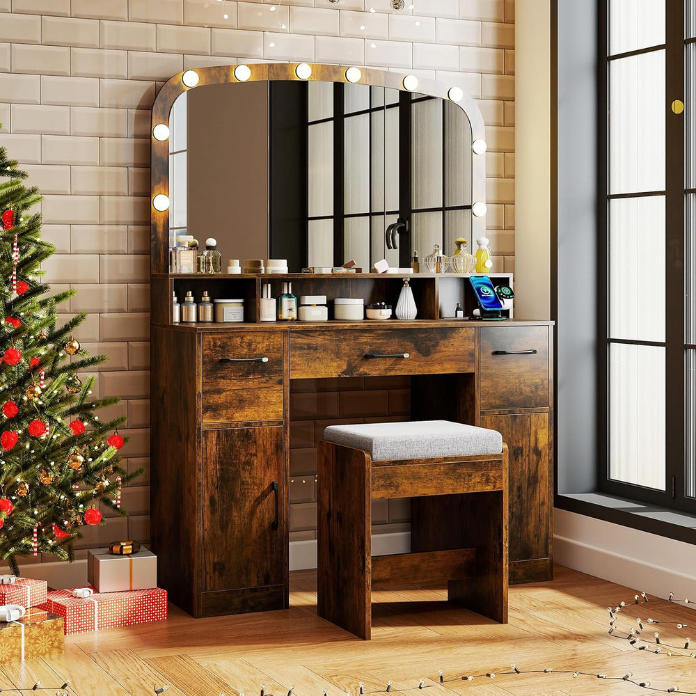 CHARMAID Large Vanity Desk with Arched Mirror and Lights, Vintage Makeup Vani...