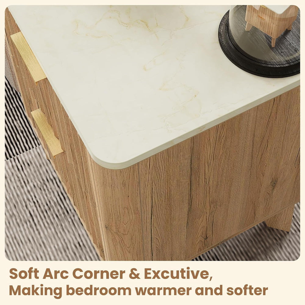 Fluted Nightstand Set of 2 with Faux Marble Top,Natural Oak