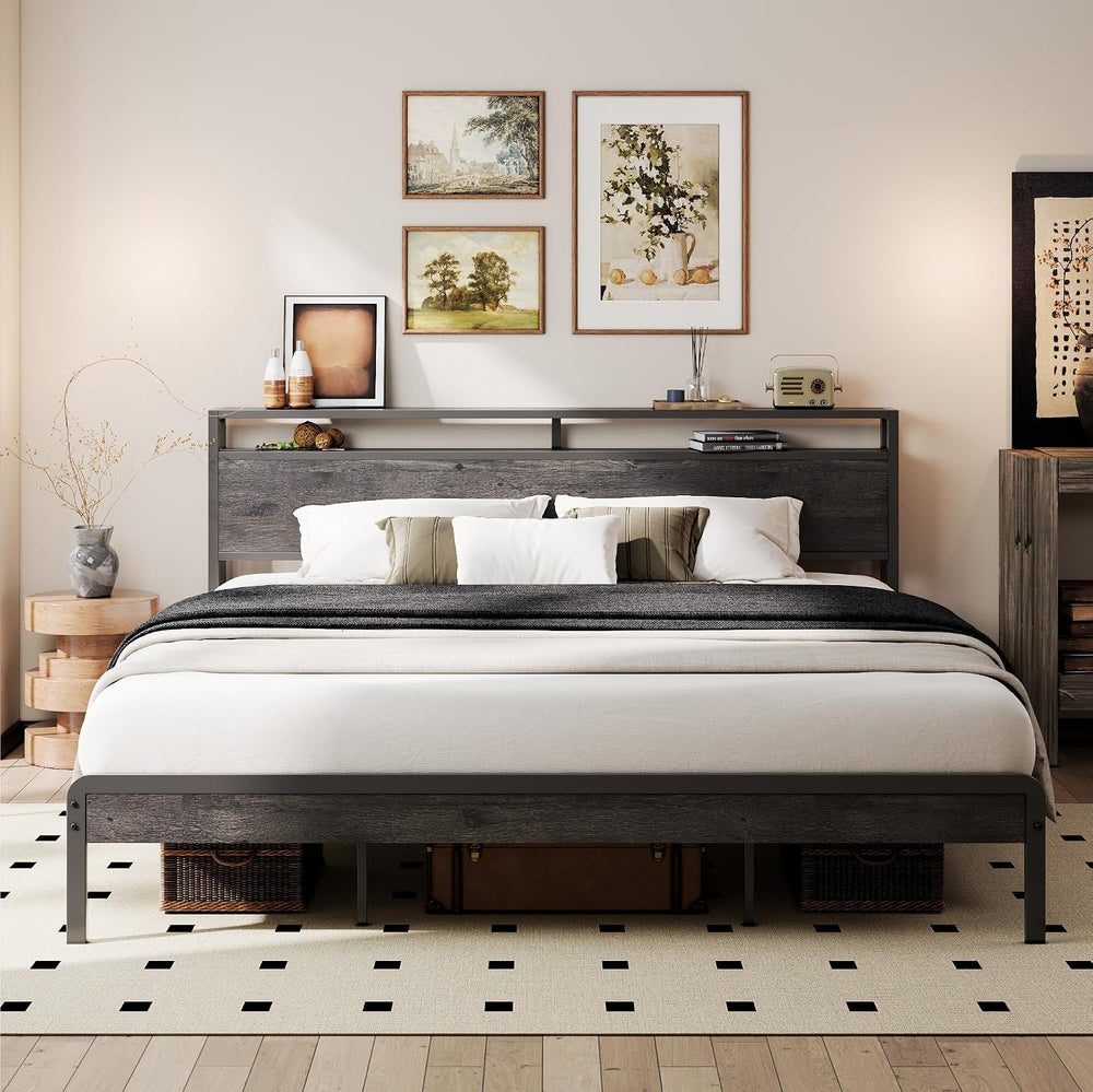 LIKIMIO California King Bed Frames with 2-Tier Storage Shelf Headboard