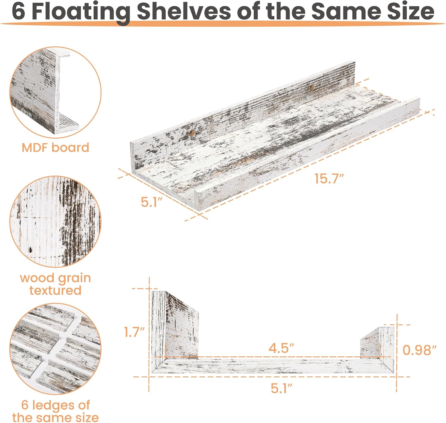upsimples Floating Shelves for Wall, Wall Shelves for Decor Storage Set of 6, Wall Mounted Wood Shelf for Bedroom, Living Room, Bathroom, Kitchen, Picture Ledge Shelf, Rustic White
