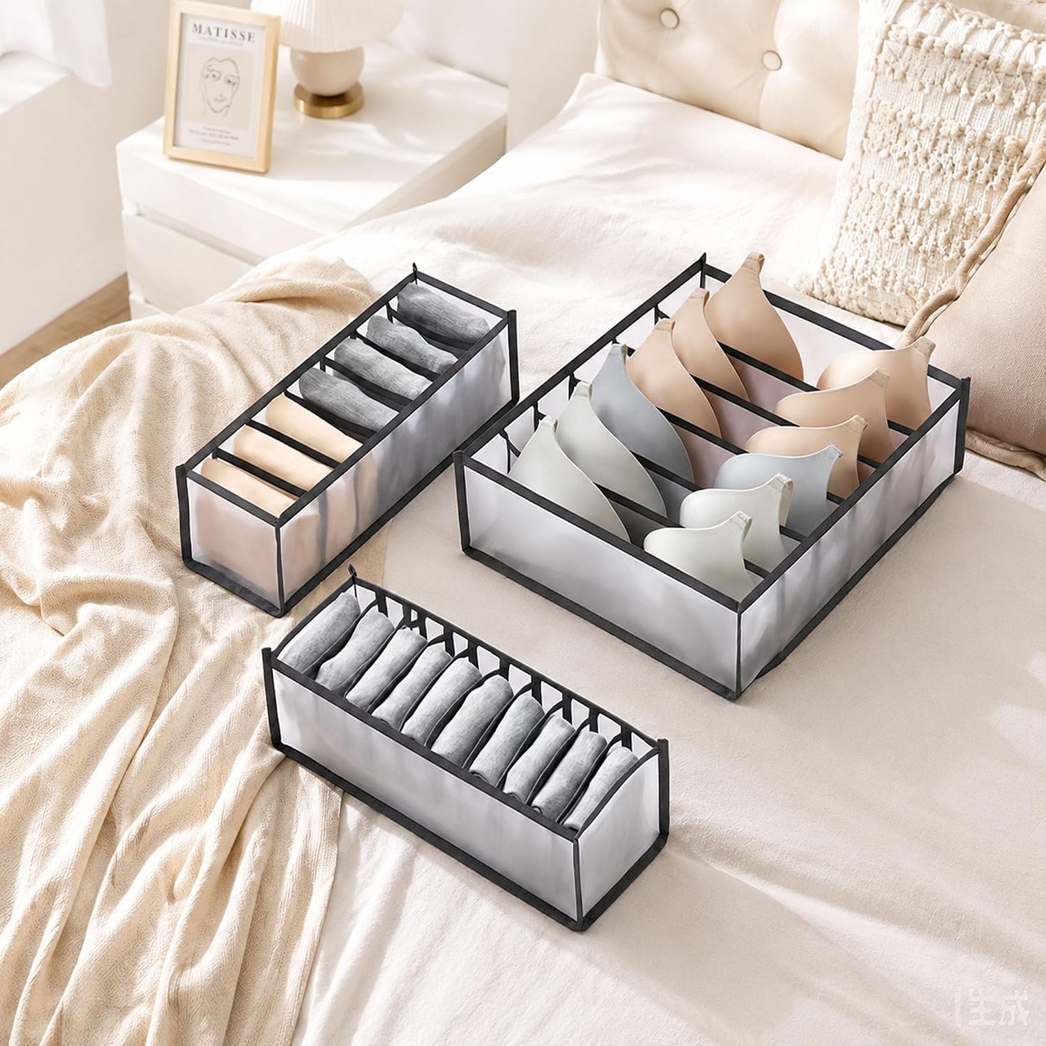 3 Pack Underwear Drawer Organizer - Foldable Fabric Storage Bins for Dresser & Closet, Sock and Bra Dividers, 3 Sizes for Bedroom Organization (Gray）