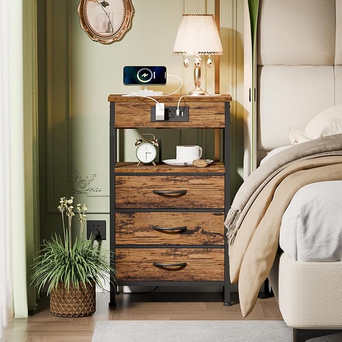 Furnulem Night Stand with Charging Station, USB Ports and Outlets, 28.3 Inch ...