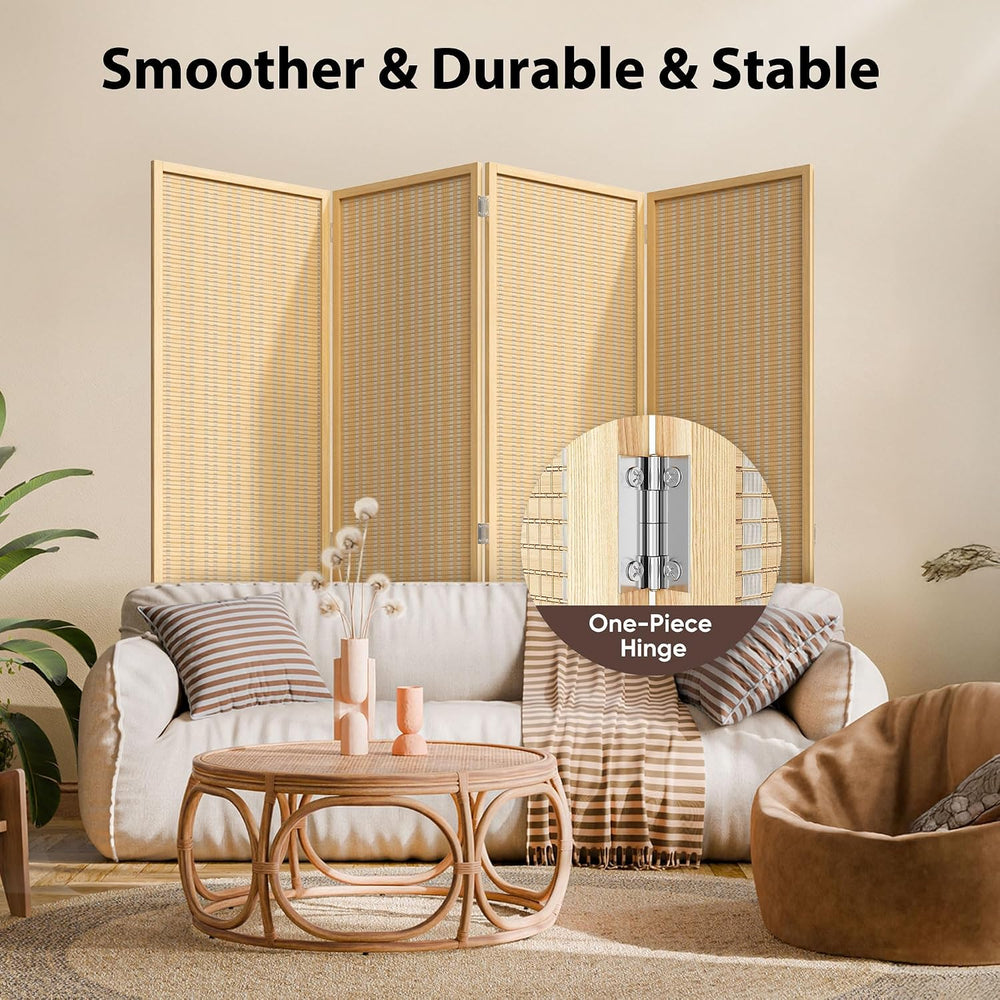 JOSTYLE Room Divider 4 Panel Folding Privacy Screen, Woven Bamboo, Wooden
