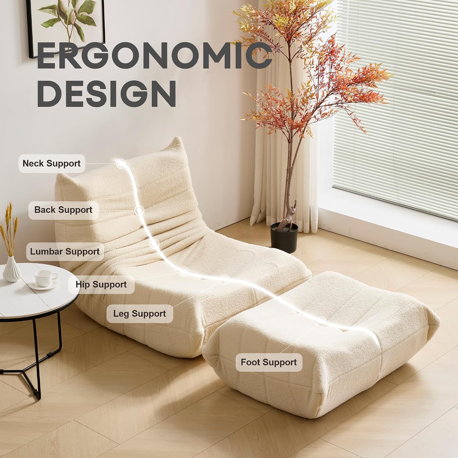 Dineli Bean Bag Chairs for Adults, Beanbag Chair with Ottoman Lounge Sofa Memory Foam Comfy Reading Chair for Bedroom & Living Room, Lazy Floor Sofa Couch (White, with Ottoman)