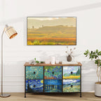 EXOTICA 6 Drawer Dresser for Bedroom Van Gogh Chest of Drawers Wide TV Stands Fabric Storage Drawer Unit for Living Room Entryway Closet Sturdy Steel Frame Wood Top