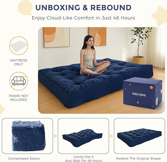 MAXYOYO 8" Futon Mattress, Full Size Extra Thick Futons Sofa Couch Bed for Adults, Velvet Floor Mattress Shredded Foam Filling (Frame Not Included)