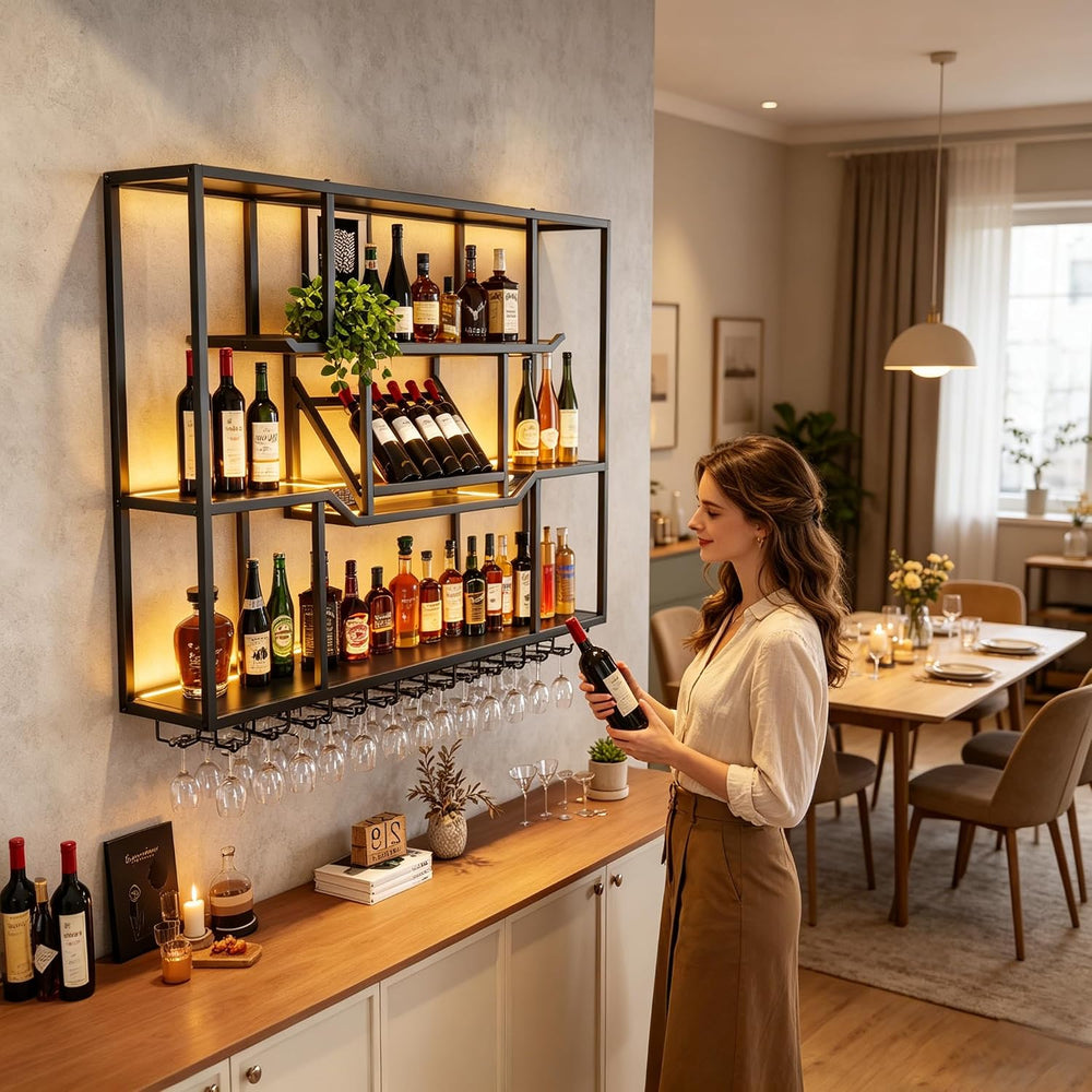63-inch LED Wall Wine Rack, Modern Metal Display Rack for Bar | With 3 floati...