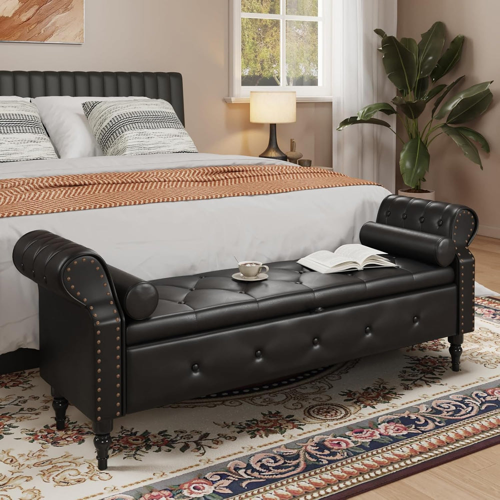FiveWillowise 65" End of Bed Bench with Storage Ottoman,Black | Faux Lea...
