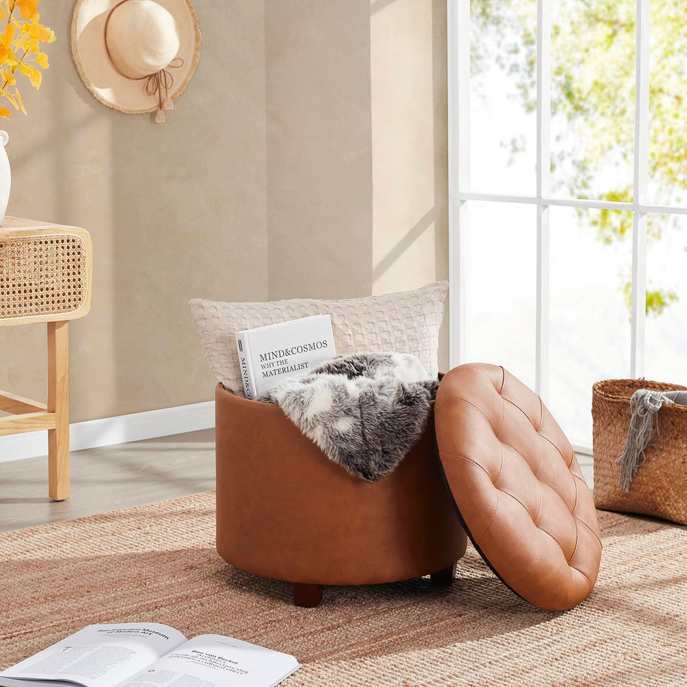 Ornavo Home 18" Round Storage Ottoman with Lid, Holds 300 lbs, Cognac | ...