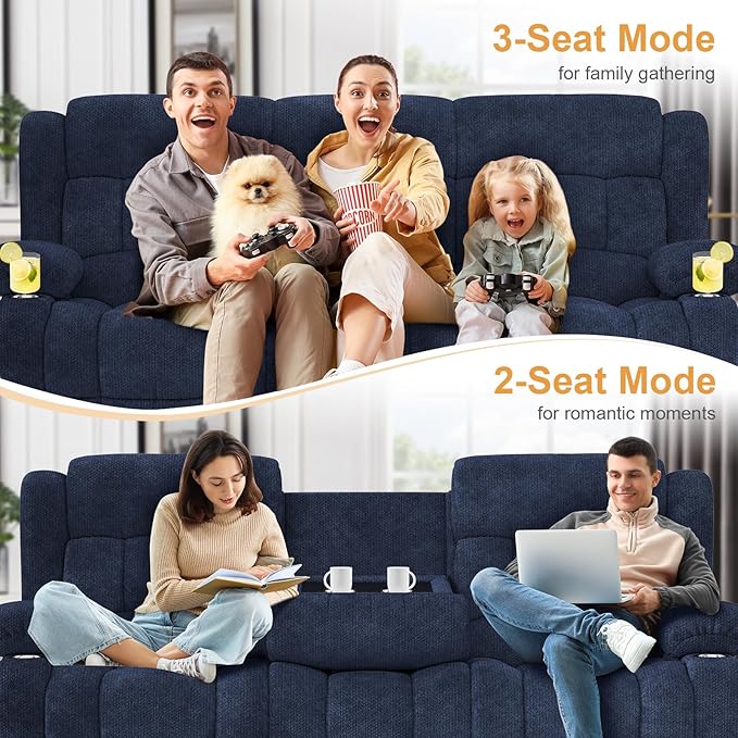 Loveseat Recliner Sofa, Flip Middle Backrest Design 3 Seat Reclining Sofa with Storage Drawer, USB Ports & Cup Holders, Manual Couch for Living Room/RV (Blue)