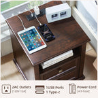SAVOR LIFE Farmhouse Nightstand with Charging Station, Walnut | End Tables Bedroom with 2 Drawers, Traditional Night Stand with Open Shelf & Thickened Top & Square Wooden Legs