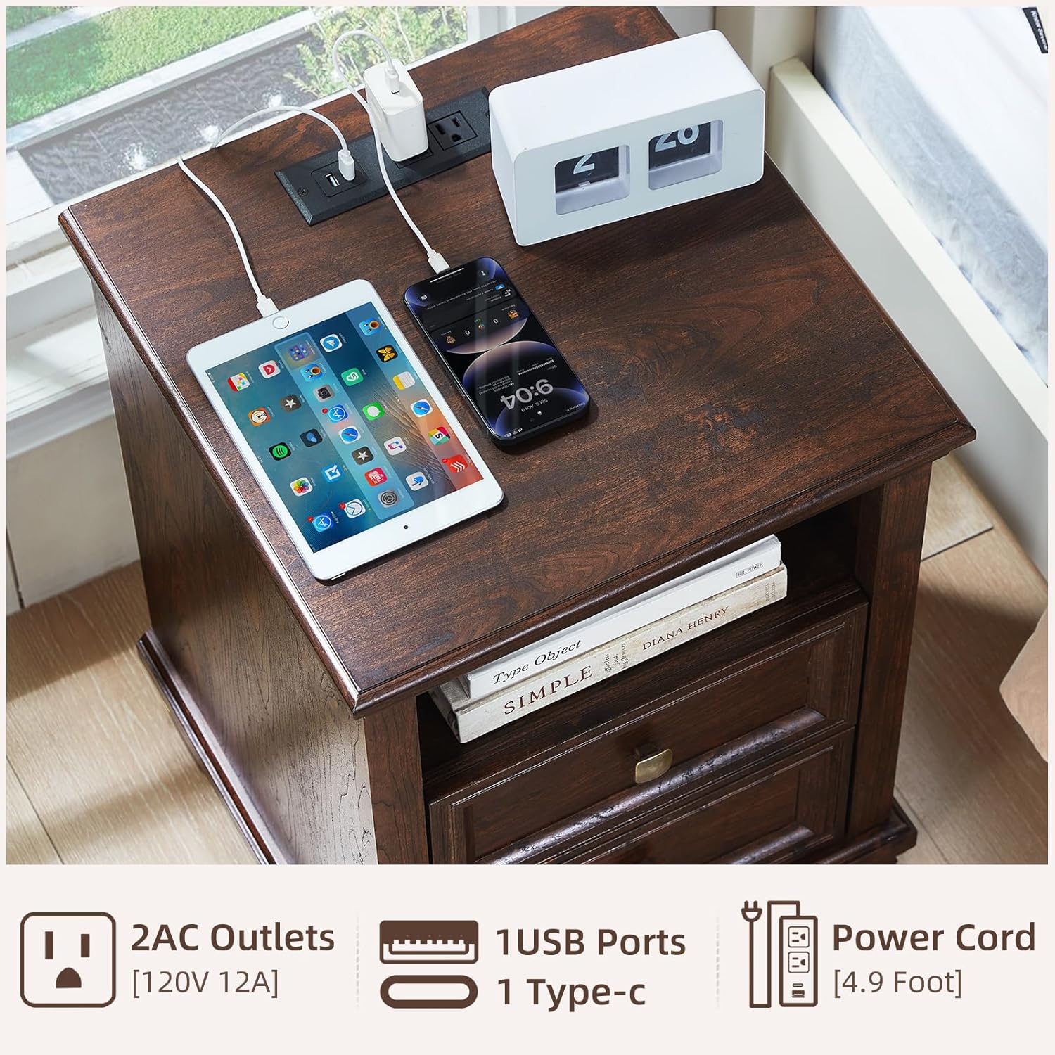 SAVOR LIFE Farmhouse Nightstand with Charging Station, Walnut | End Tables Bedroom with 2 Drawers, Traditional Night Stand with Open Shelf & Thickened Top & Square Wooden Legs