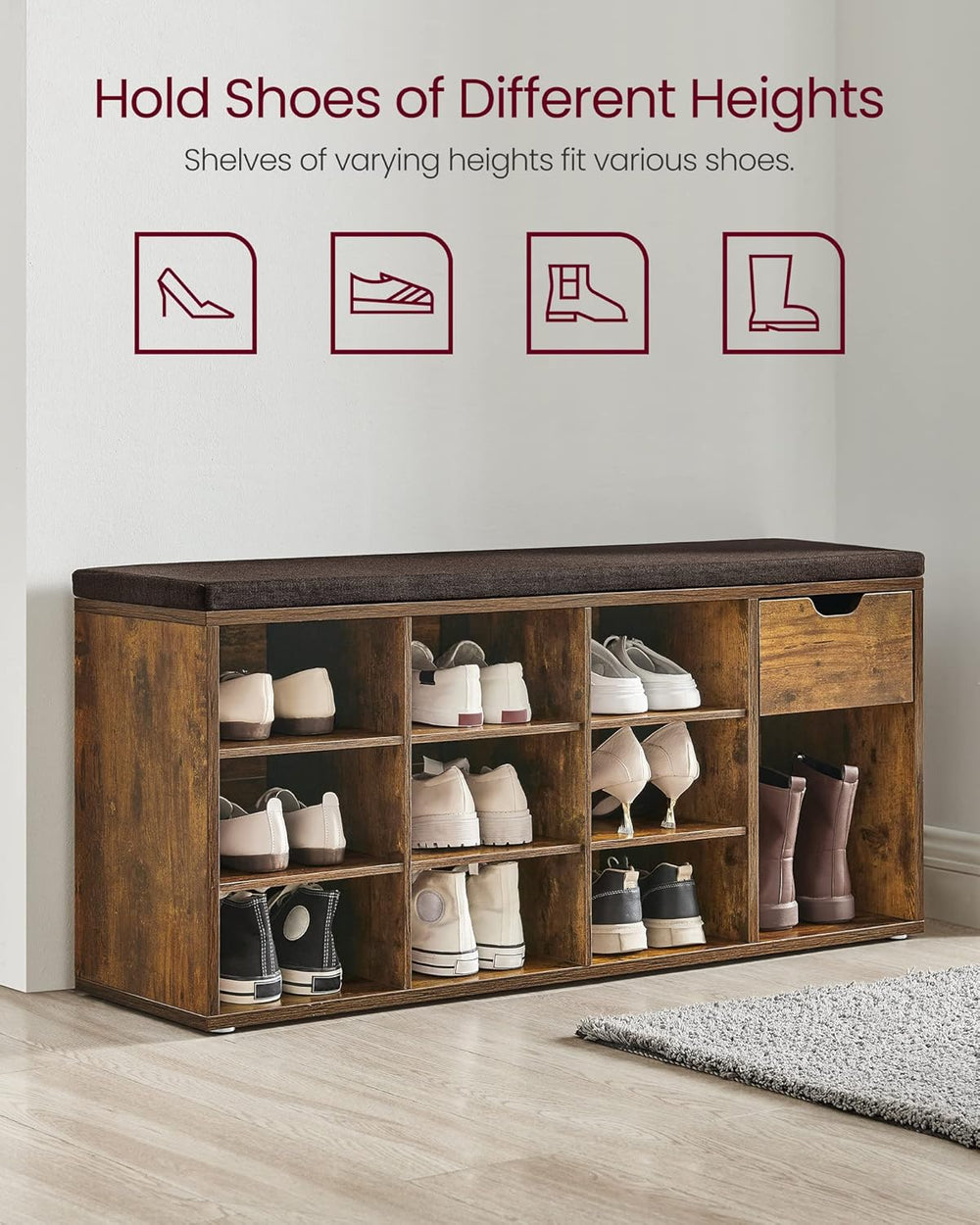 VASAGLE CUSTOS Collection - Storage Bench, Entryway Bench with Cushion, Drawe...