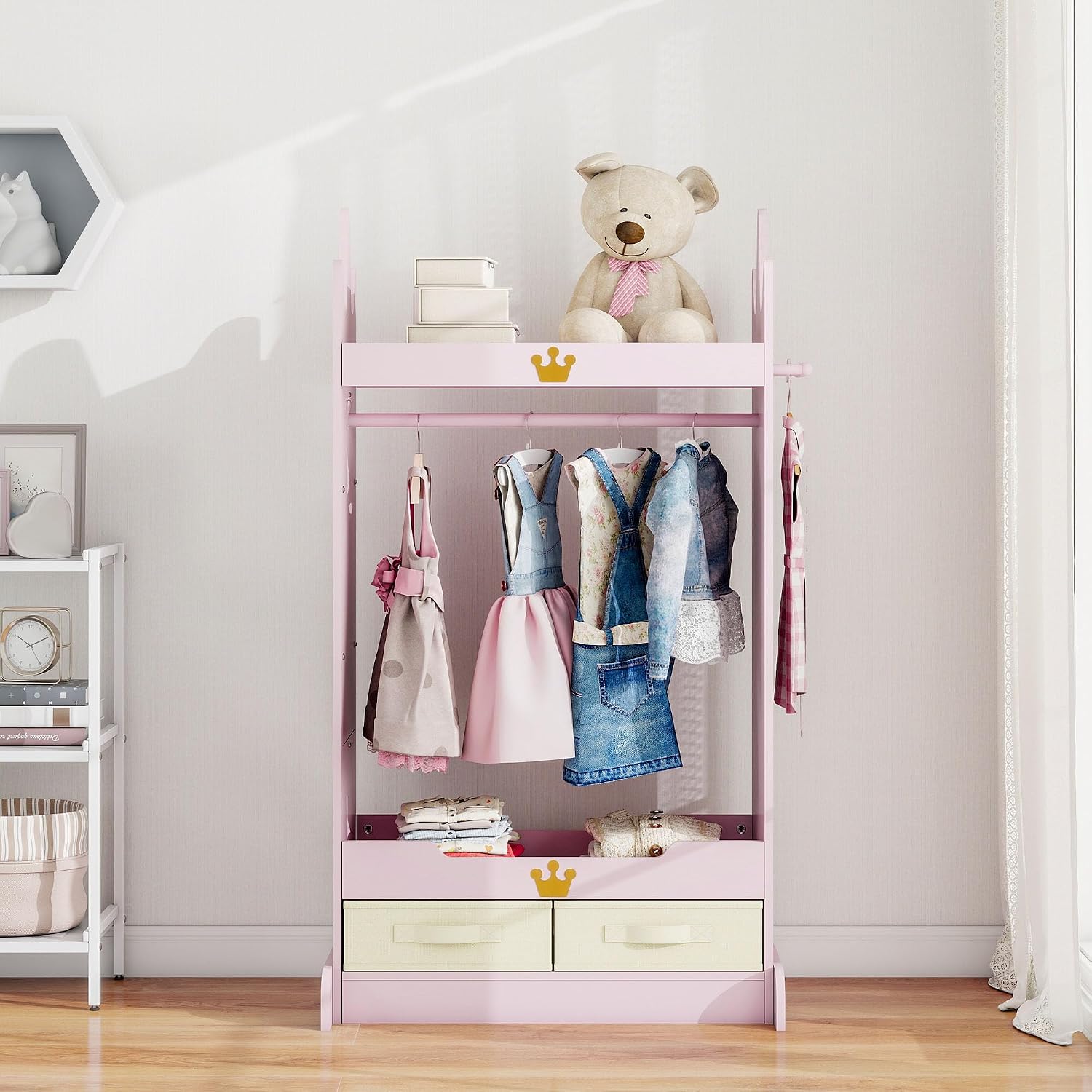 FTZxHKLX Kids Dress Up Storage with Mirror, Kids Open Hanging Armoire, Pink | Open Hanging Armoire Closet with Storage, Costume Storage Dresser with 3 Hooks, Crown-Shaped Design, Princess Style