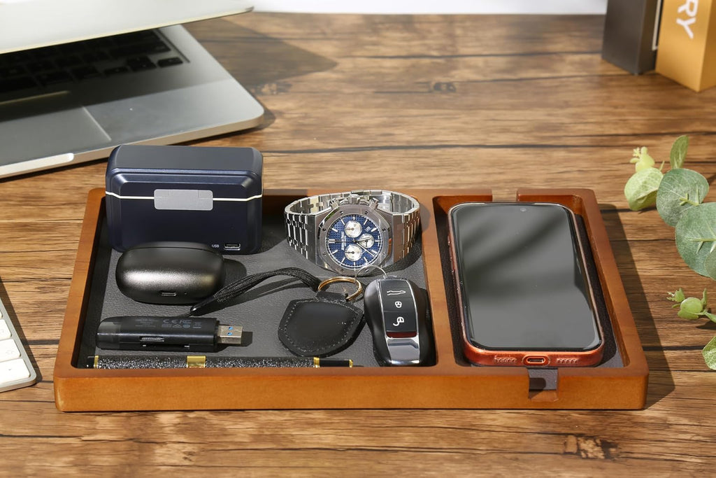 Shinpuru Wooden Valet Tray for Men, Nightstand Organizer with Leather Inlay, EDC Essentials Catchall Tray for Keys, Phone, Wallet, Watch, Earbuds - Bedside Desk Entryway Tray (Wood-Phone)