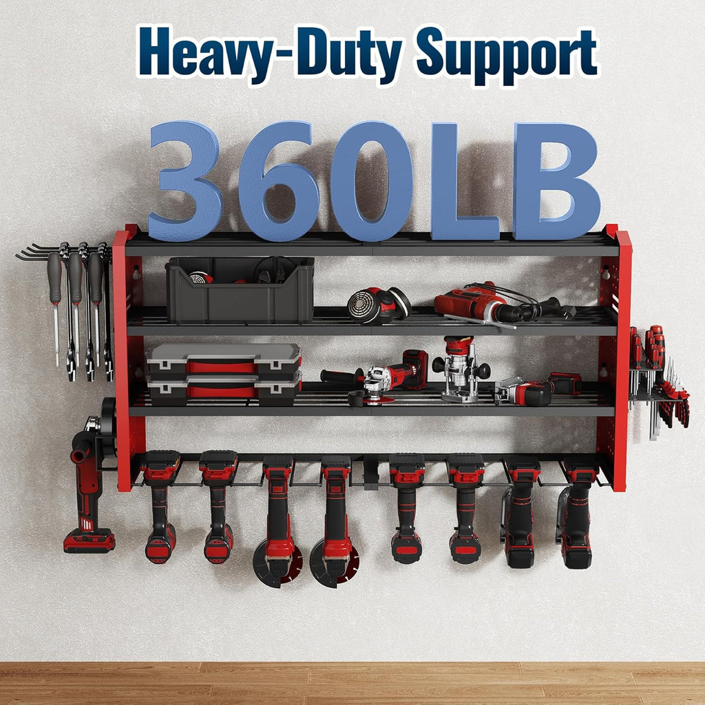 Tomorotec 4-Layer Wall-Mounted Power Tool Storage Rack, Heavy-Duty Steel Drill Organizer with Adjustable Shelves & Side Hooks for Toolbox, Easy Installation Garage & Workshop Storage (Red)