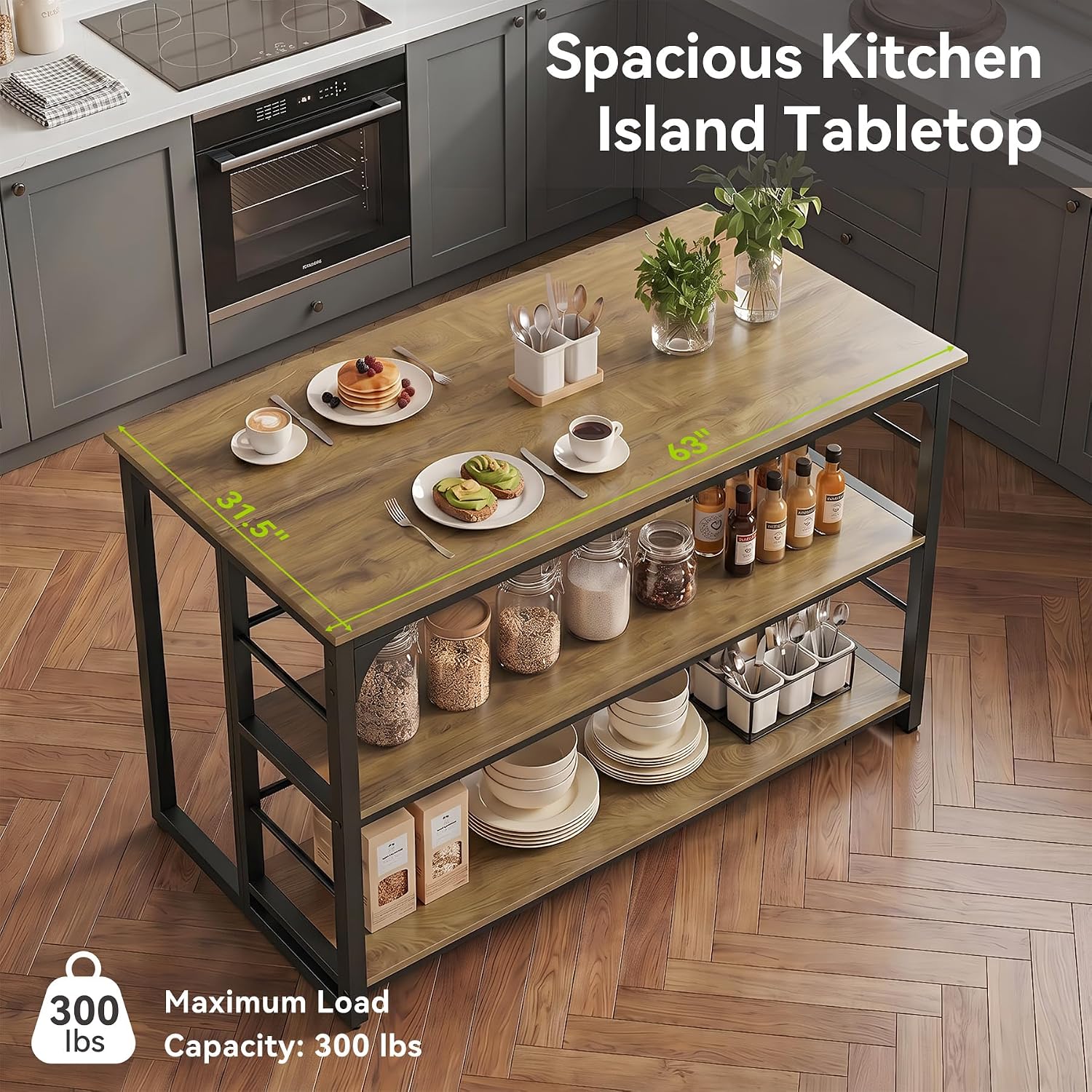 LITTLE TREE Kitchen Island with Storage, 63 Inches Width Kitchen Shelf with Large Worktop, Modern Kitchen Counter for Dining Room, Kitchen, Living Room, Easy to Assemble, Brown & Black