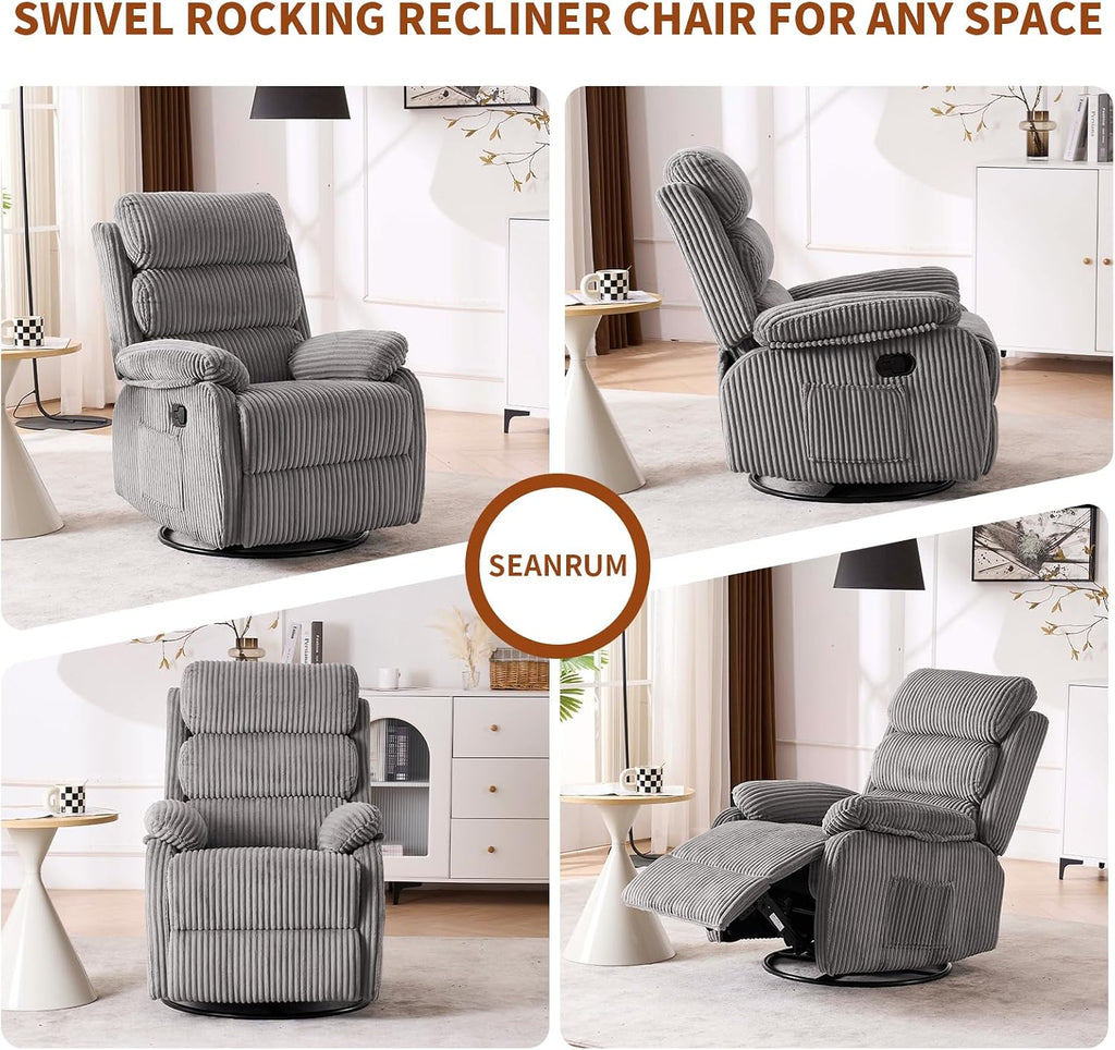 Premium Velvet 360° Swivel Rocker Recliner with Extended Footrest - High Back Glider Chair for Nursery, Living Room & Small Spaces, Featuring Padded Armrests and Handy Side Pocket, Grey