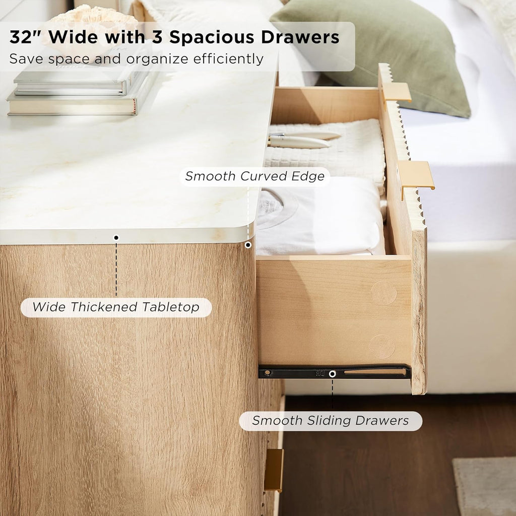 T4TREAM Fluted 3 Drawers Nightstand, Oversized Extra Large Modern Side Table with Faux Marble Top, End Table Bedside for Bedroom, Living Room, Curved Profile Design, Natural Oak