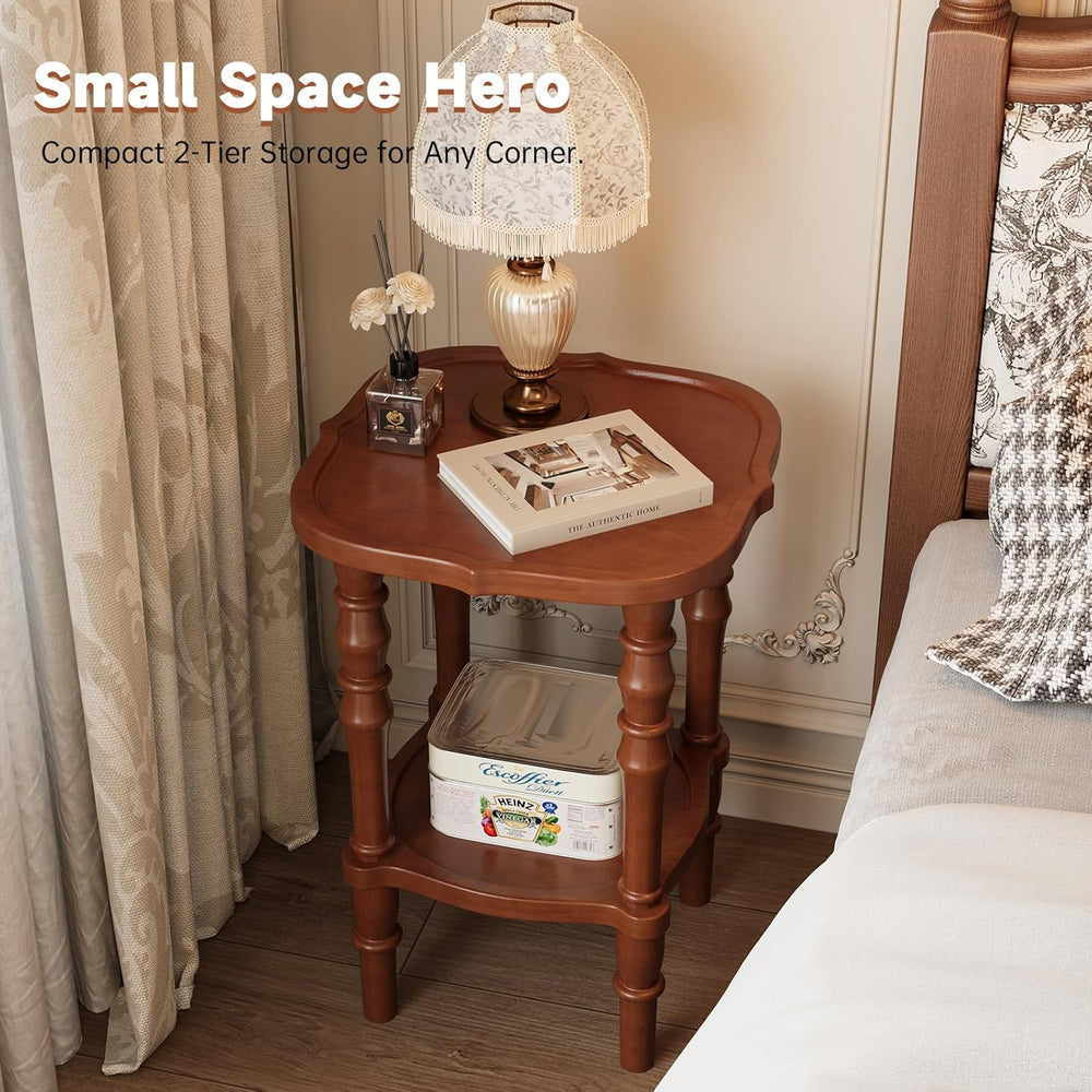 100% Solid Wood Side Table, Vintage 2-Tier Small Round End Table, Nightstand ...