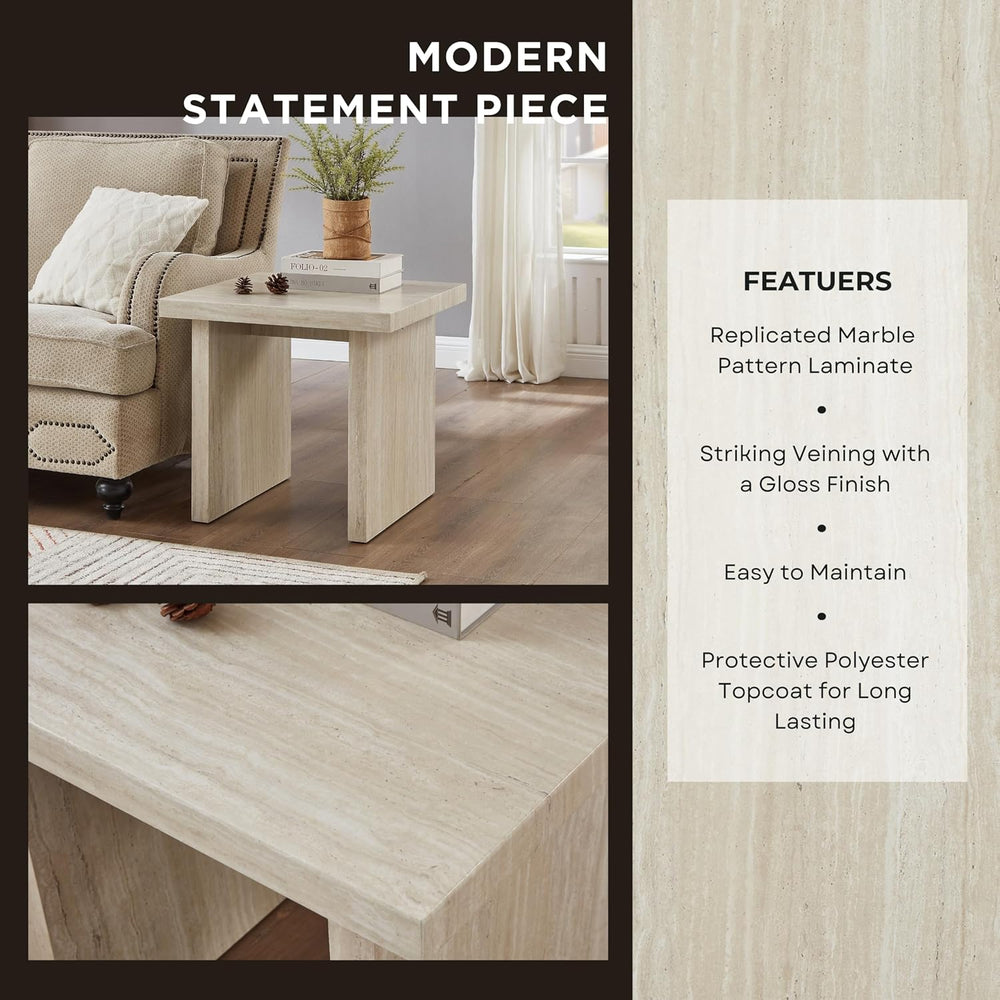 Roundhill Furniture Cavira Modern Faux Marble Living Room End Table, Beige