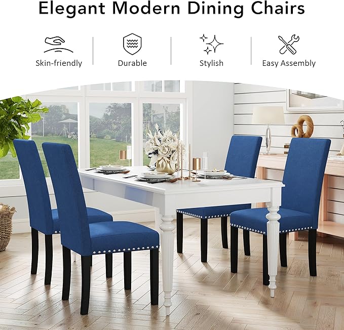 LSSPAID Dining Chairs Set of 6, Fabric Upholstered Dining Room Parson Chair with Nailhead Trim and Solid Wood Legs for Home and Kitchen, Blue