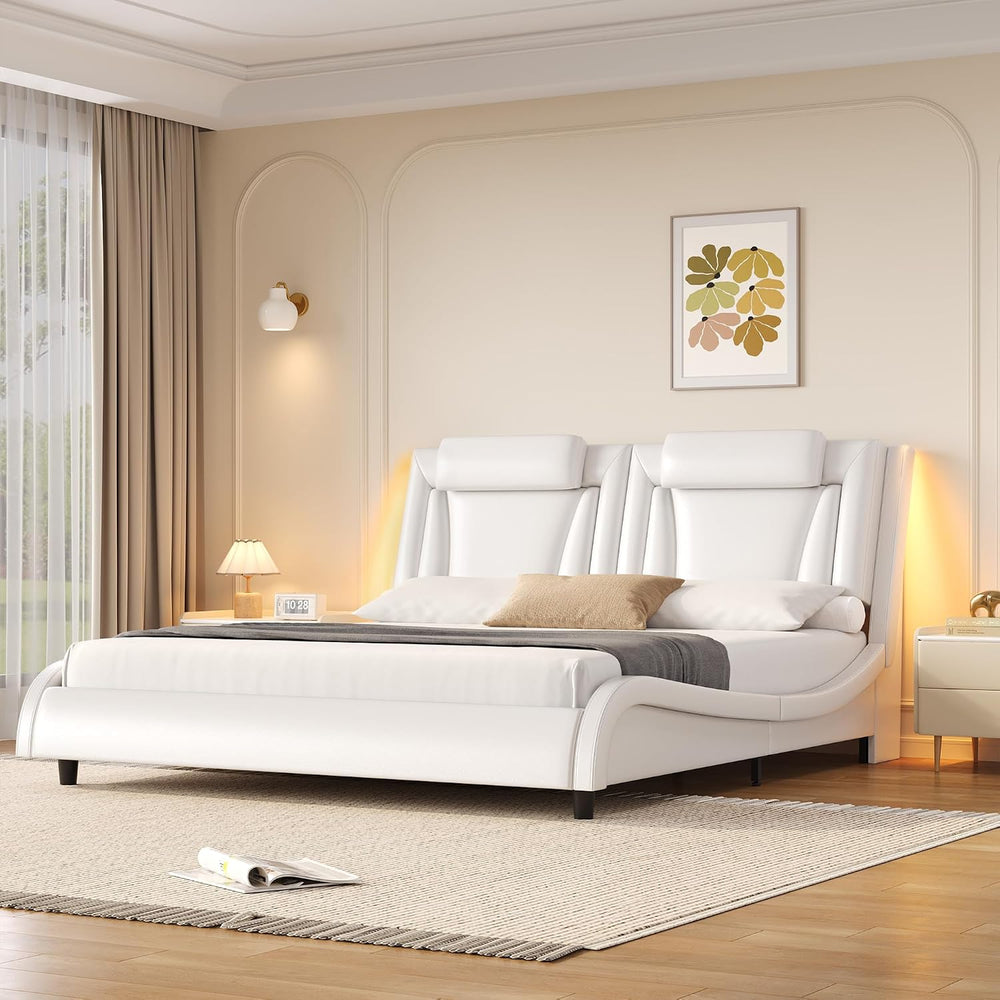Keyluv King LED Upholstered Bed Frame with Adjustable Headboard, White