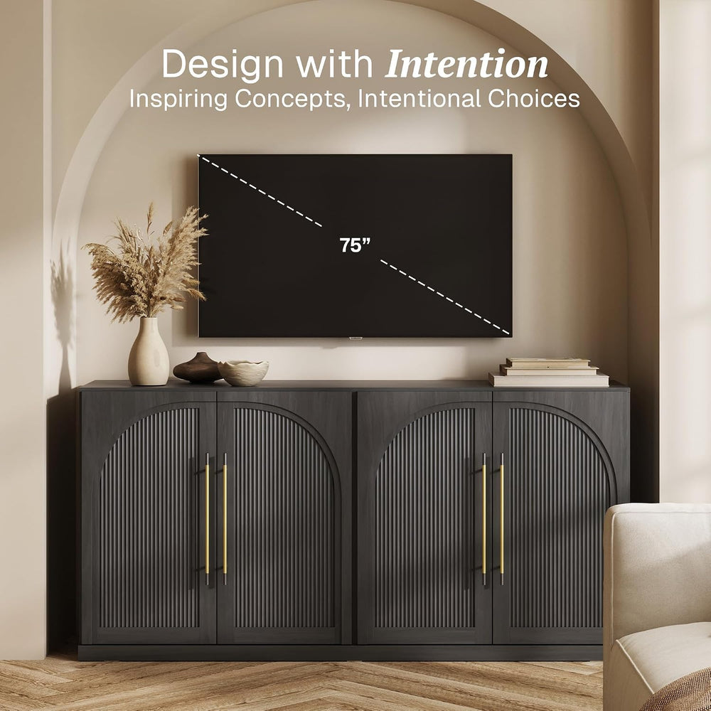 BELLEZE 65 Inch Sideboard Cabinet with Double-Arc Wood Doors, Large Buffet Ca...