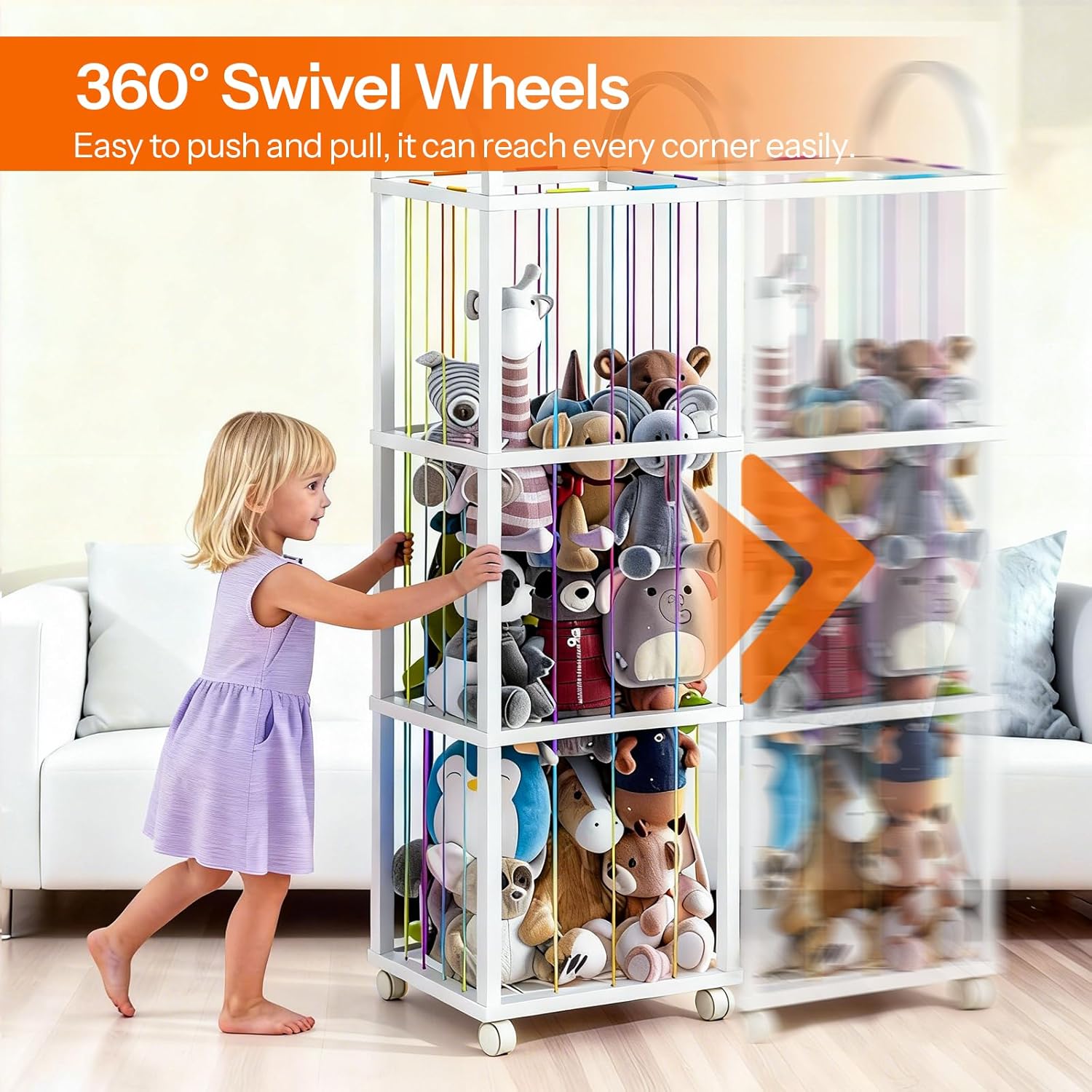 HOOBRO Stuffed Animal Storage, Kids Toy Zoo Storage Organizer with Wheels and Elastic Band, Large Stuffed Animals Holder for Nursery, Playroom, Living Room, White WT128CW01